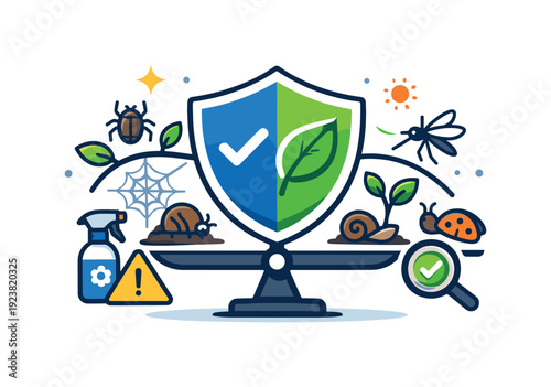 Balancing pest control with plant protection, a shield symbol on scales