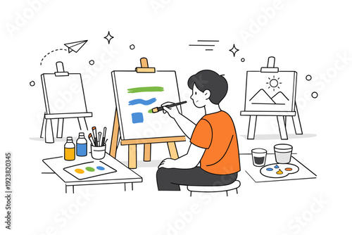 Painting lesson. An art student practicing brush strokes on a canvas, surrounded by easels and simple art supplies. Calm