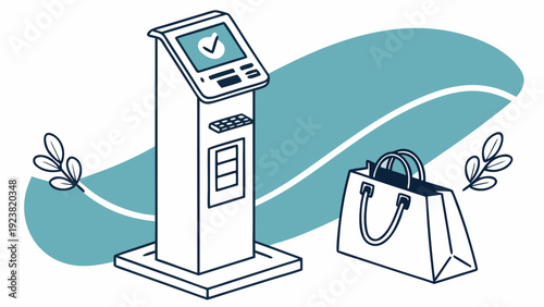 A vector graphic illustration of a self-service kiosk and shopping bag with a modern design