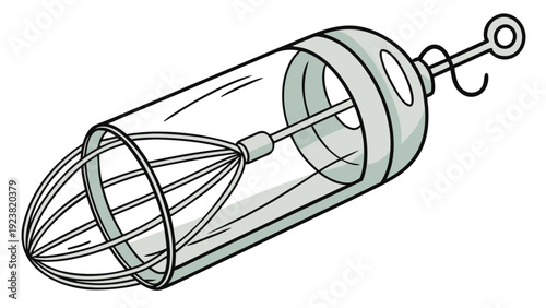 A vector graphic illustration of a manual eggbeater with a transparent cylindrical body and a metal whisk