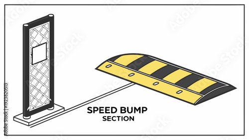 A vector graphic illustration of a speed bump and a bollard with a chain link fence
