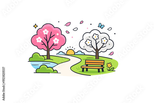 Springtime outdoor walk quiet park scenery with trees in bloom and light decorative petals in the air, symbolizing renewal, calm and everyday