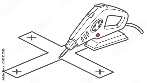 A vector graphic illustration of a corded drill driving a screw into a cross-shaped piece of material