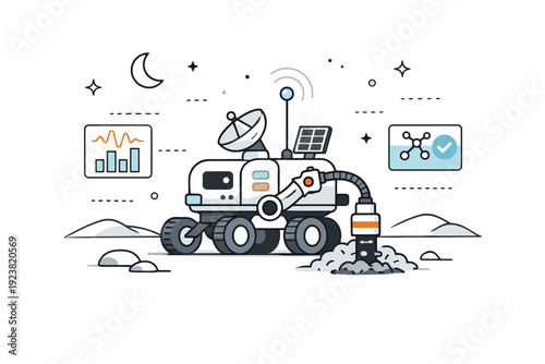 Lunar Resource Extraction. Moon mining technology. A compact robotic rover extracting resources from the lunar surface while data signals float softly around