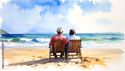 Watercolor of two people seated on beach chairs, facing the ocean, under a cloudy sky with distant land in the background