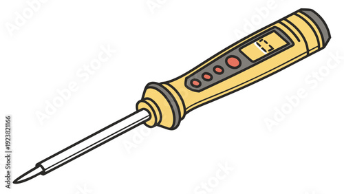A vector graphic illustration of a yellow and black electric screwdriver with a digital display on a white background