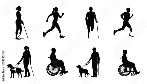 Diverse disabled women silhouettes: wheelchair, prosthetics, guide dog