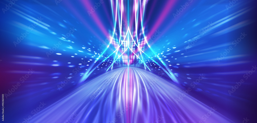 Fototapeta premium Dark abstract futuristic background. The geometric shape of a triangle in the middle of the scene. Neon blue-pink rays of light on a dark background