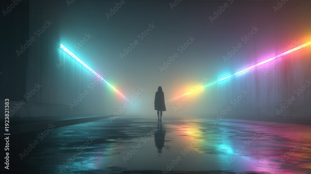 Naklejka premium Wide angle shot of a colorful underground tunnel with a lone female silhouette and reflective water surface, dramatic shadows, ultra-realistic.