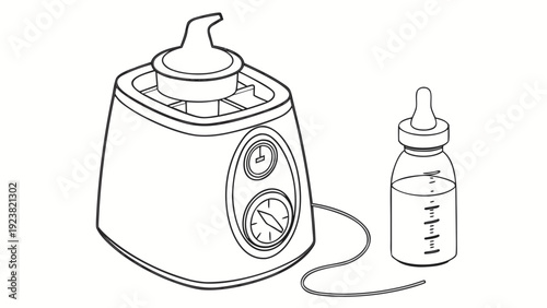 A minimalist line art illustration of a baby bottle warmer and bottle