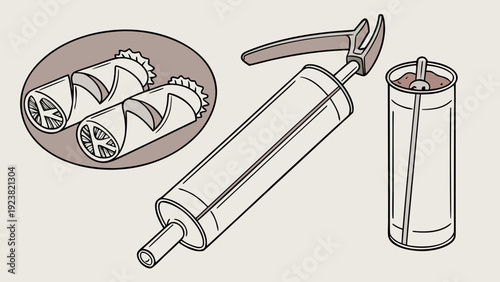 A minimalist vector illustration of a pastry bag and sausage making tools with a plate of sausages