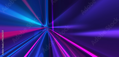 Dark abstract futuristic background. The geometric shape of a triangle in the middle of the scene. Neon blue-pink rays of light on a dark background