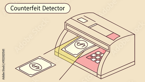A vector graphic illustration of a counterfeit detector machine with a transparent background