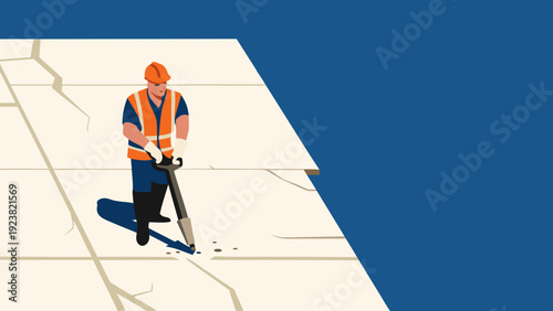Construction worker in orange safety gear using jackhammer on cracked concrete surface