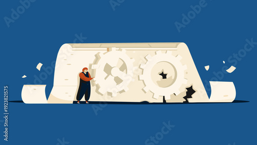 Factory mechanic repairing large gear cog machinery in industrial setting with blue background