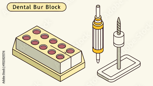 A vector graphic illustration of a dental bur block with drill bits and a holder