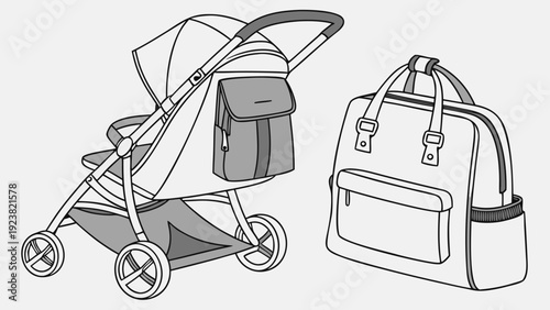 A minimalist vector illustration of a baby stroller with a diaper bag and a backpack