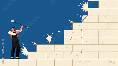 Demolition worker smashing brick wall with sledgehammer destruction concept
