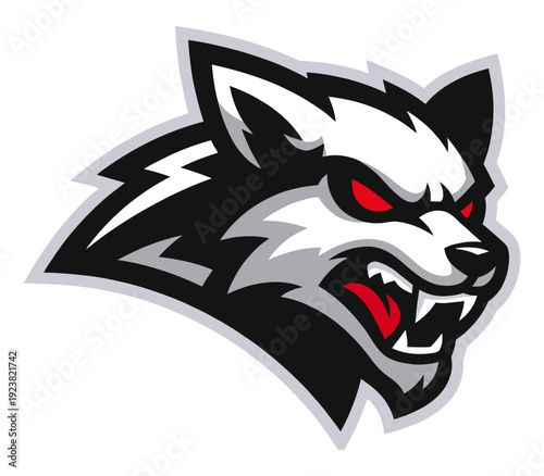Fierce wolf head mascot logo, black and white with red eyes