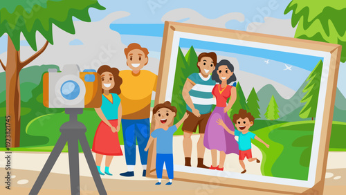 Family taking a photo together outdoors with a large framed picture