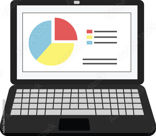 Vector illustration of a laptop displaying a colorful pie chart with legend and text elements on the screen. Concept of business analytics, data analysis, financial report, and market research