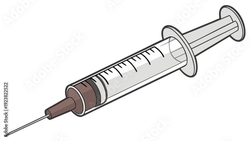 A medical syringe with a needle, used for injecting medication or vaccines.