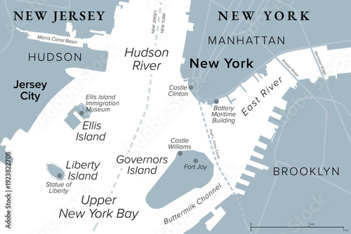 Ellis Island and Liberty Island, United States, gray political map. Situated in Upper New York Bay between Jersey City, Manhattan, and Brooklyn, with Governors Island to the east. Illustration. Vector