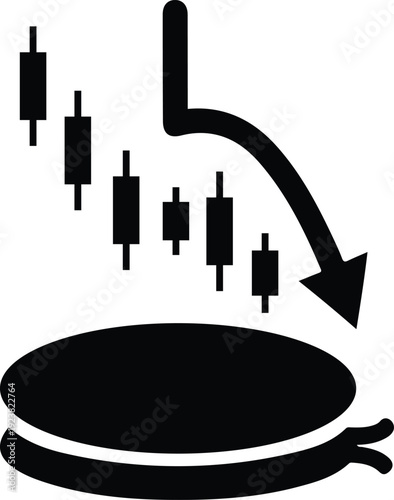 A stylized black candlestick chart with a descending arrow indicating a market downturn on transparent background high-quality professional detailed modern