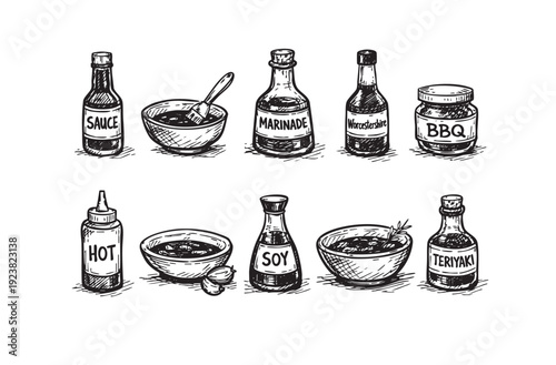 A hand-drawn illustration shows various sauces and marinades, including BBQ, soy, teriyaki, and hot sauce, on a clean white background. Could be used for cooking blogs.