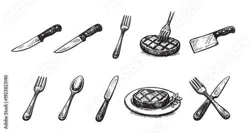 Black and white hand-drawn illustration featuring knives, forks, spoon, and steak elements on a white background, perfect for menu designs or culinary illustrations.