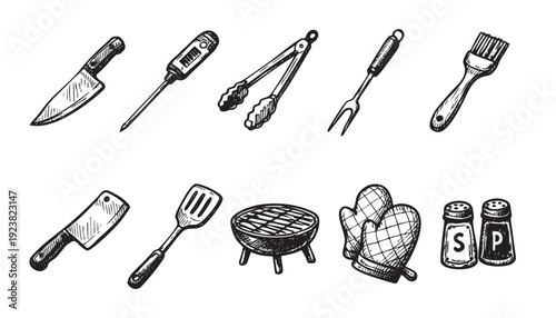 Hand-drawn vector illustration shows barbecue utensils including knife, thermometer, tongs, fork, brush, cleaver, spatula, grill, oven mitts, salt and pepper shakers on white background.