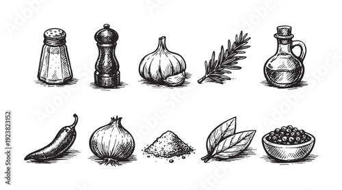 A hand-drawn illustration features a set of kitchen spices like salt, pepper, garlic, rosemary, olive oil, chili, onion, salt, bay leaves, and peppercorns, presented in a vintage style.