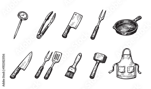Hand-drawn style image of various barbecue tools, including tongs, meat thermometer, knife, and apron on a clean, white background. Ideal for illustrating cooking, outdoor grilling, or summer.
