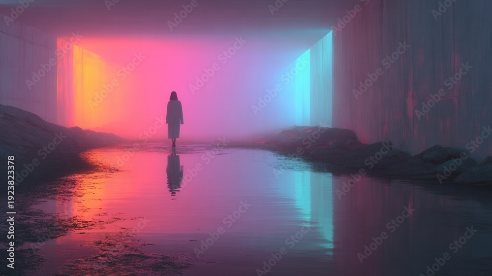 Obraz premium Wide angle shot of a colorful underground tunnel with a lone female silhouette and reflective water surface, dramatic shadows, ultra-realistic.