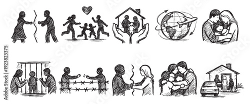 This conceptual illustration depicts family life through a series of black and white sketch drawings, showing divorce, happy family, home protection, global travel, family love, jail, separation.