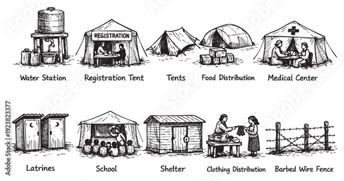 Hand-drawn illustrations show a refugee camp with water station, tents, food distribution, medical center, school, and barbed wire fence, useful for illustrating humanitarian aid and crises.