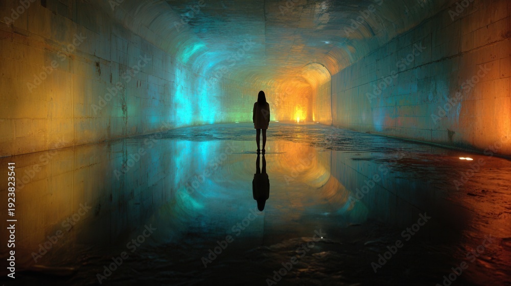 Obraz premium Wide angle shot of a colorful underground tunnel with a lone female silhouette and reflective water surface, dramatic shadows, ultra-realistic.