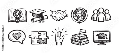 Hand-drawn vector doodle icon set showcasing education, global learning, collaboration, teamwork, and online education, rendered in black and white for versatile design applications.