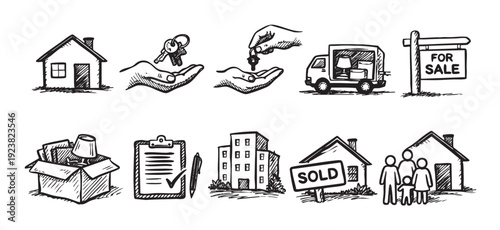 Hand-drawn illustrations show the stages of buying or selling a house, including house, keys, moving truck, for sale sign, checklist, and family. White background for easy clipping.