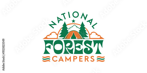 USA, US, U.S, United States - National Forest Campers Logo: Retro Tent & Pine Tree Outdoor Badge for Camping, Hiking, and Wilderness Adventure Designs
