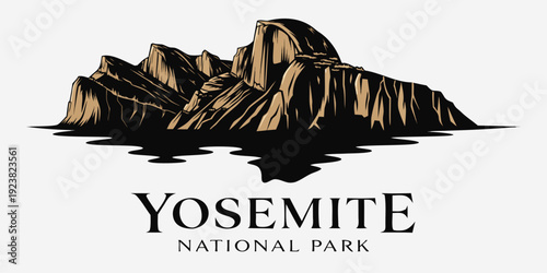 USA, US, U.S, United States - Yosemite National Park Mountain Logo: Minimalist Mirrored Landscape Illustration for Outdoor Adventure, Nature Decor, and Travel-Themed Designs
