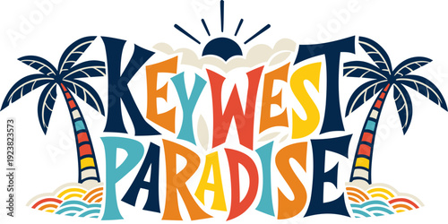 USA, US, U.S, United States - Key West Paradise Tropical Logo: Colorful Palm Tree & Ocean Wave Illustration for Beach Travel, Summer Decor, and Coastal-Themed Designs
