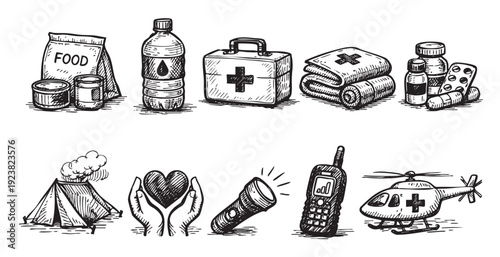 Hand-drawn sketch illustrations of emergency supplies, including food, water, first aid, shelter, and transport, representing preparedness for natural disasters or crisis situations.