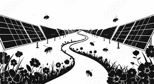 Solar panels line a winding path through a field of flowers with buzzing bees.