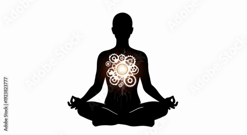 Silhouette of a person meditating with glowing spiritual energy emanating from the chest.
