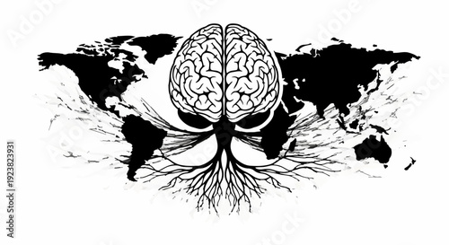 Global thinking and interconnected knowledge symbolized by a brain with roots on a world map.