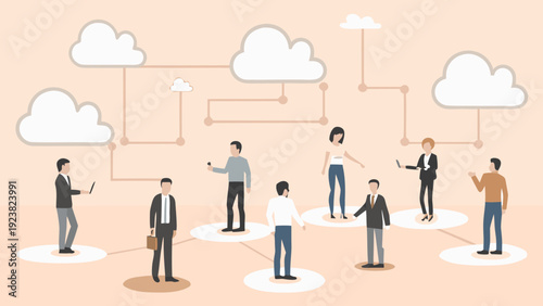 Flat vector illustration of business people connected by cloud technology network for communication and collaboration