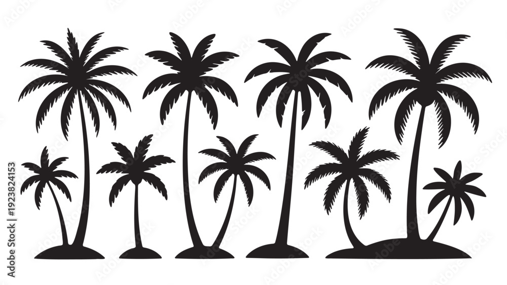 Fototapeta premium A diverse collection of black silhouette vector illustrations showing various palm trees situated on small islands, ideal for creating exotic tropical scenes and vacation themes.