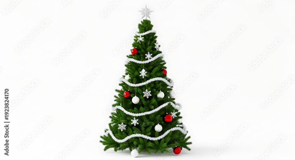Fototapeta premium A christmas tree decorated with white lights and ornaments on a white background