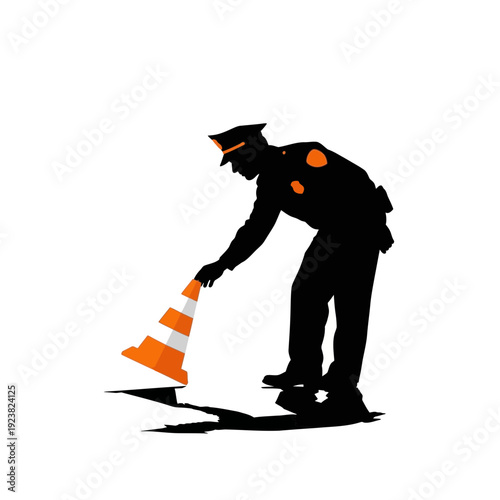 Silhouette of a police officer placing a traffic cone on a white background